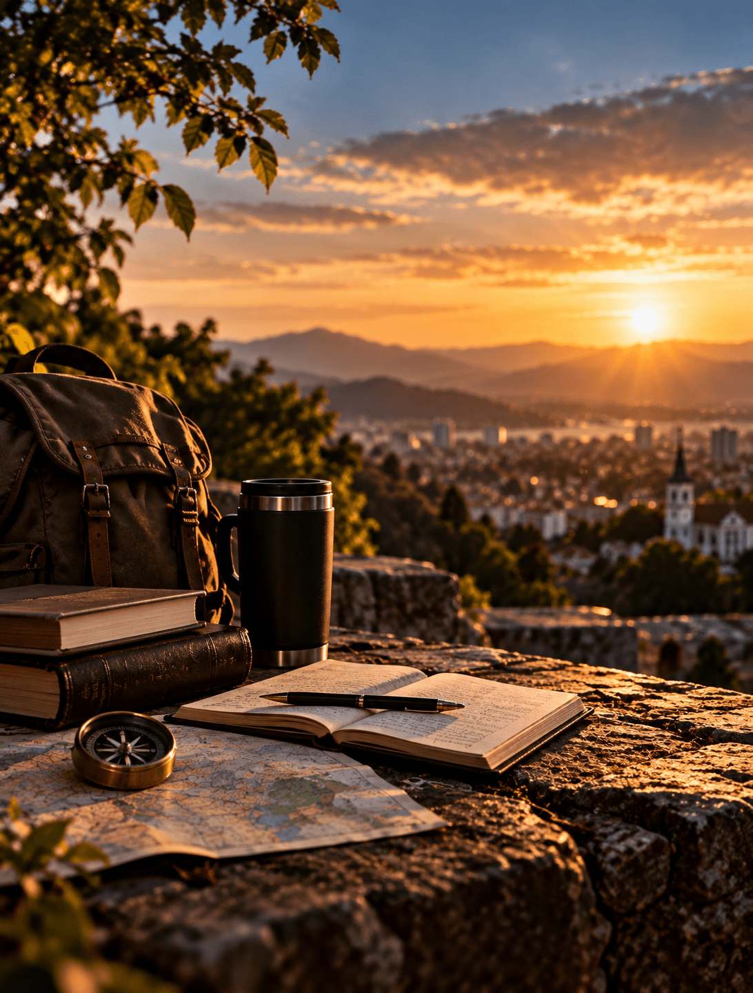 Livros, caderno, bússola e mochila representando formação e propósito